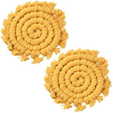 Imagem de CREATCABIN 2 peças de porta-copos de carro de algodão dourado universal boho rústico macramê redondo suporte para copos de bebida mini tapete para interior automotivo casa cozinha escritório decoração