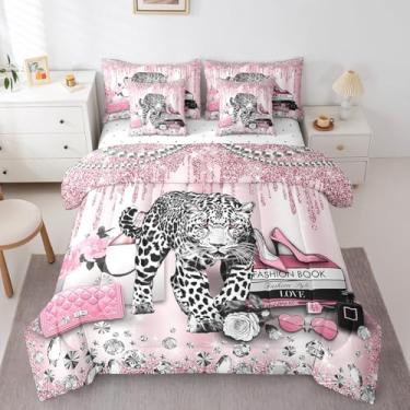 Imagem de Homewish Jogo de cama casal com estampa de leopardo, joias com glitter de diamante, moda, beleza, rosa, luxuoso, todas as estações, lençol com elástico, 4 fronhas