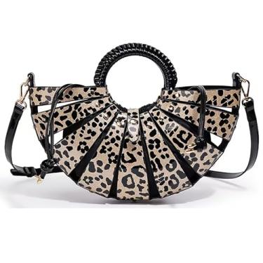 Imagem de louceko Bolsa de ombro feminina de couro PU, vazada, transversal, alça de tecido, concha para ventilador, cesta de vegetais, bolsa de mão, Estampa de leopardo dourada, Medium