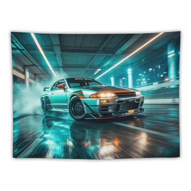 Imagem de HouLaiZhe JDM Tapeçaria de carro túnel deriva veículo movimento R32 Jdm pendurar na parede quarto decoração de casa tapeçarias estética piquenique decoração de parede arte de parede para dormitório