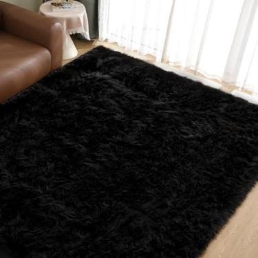 Imagem de Goolela Tapete lavável de pele sintética de 22,8 x 30,4 cm, preto, fofo, felpudo para sala de estar, grande tapete felpudo de pele de carneiro para quarto, dormitório, berçário, decoração de casa, retangular