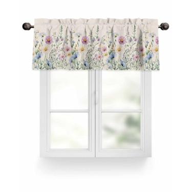 Imagem de Cortina de janela curta floral floral em aquarela com bolso para varão, decoração de janela de linho, para banheiro, sala de estar, quarto, 1 painel, 137 x 45 cm