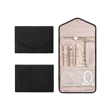 Imagem de Organizador de joias de viagem, rolo de armazenamento macio dobrável com seções transparentes para brincos, colares, anéis, pulseiras, preto