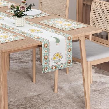 Imagem de Conjunto de jogo americano e corredor de mesa Verdant Courtyard – 6 jogos americanos + 1 corredor – impressão de bloco feito à mão, 100% algodão, linho de mesa de jantar e cozinha | Coleção de