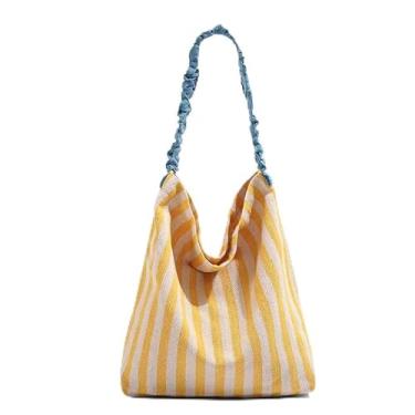Imagem de Bolsa de lona listrada, bolsa de ombro colorida com alça texturizada, bolsa feminina espaçosa, Amarelo