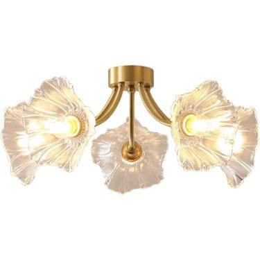 Imagem de Luminária de teto vintage de 3 luzes em cobre e vidro, com design em formato de flor de...
