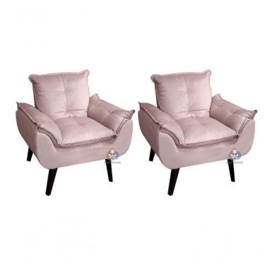 Imagem de Kit 02 Poltrona/cadeira Decorativa Glamour Com Pés Quadrado Rosa Veludo