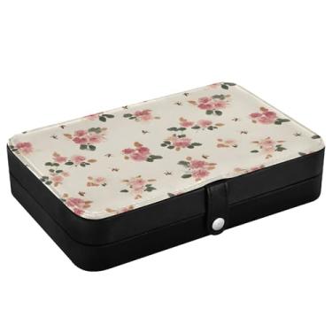 Imagem de senya Caixa de joias de couro, fundo bege floral rosa colar anel brincos organizador de armazenamento para mulheres organizador de joias de viagem