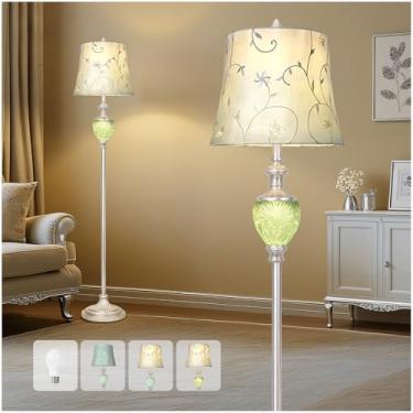 Imagem de Luminária de chão vintage para sala de estar, luminária de pé de 160 cm de altura com luz noturna e sombra bordada, luminária de chão de fazenda com acabamento em folha prateada para canto do quarto