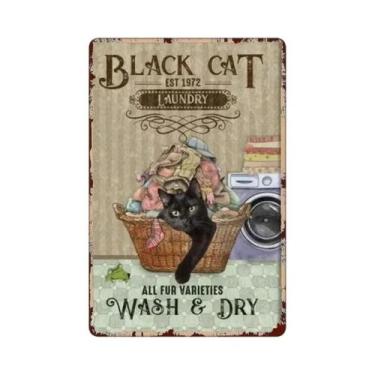 Imagem de Placa Decorativa Vintage De Metal Para Lavanderia Com Tema Gato Preto,