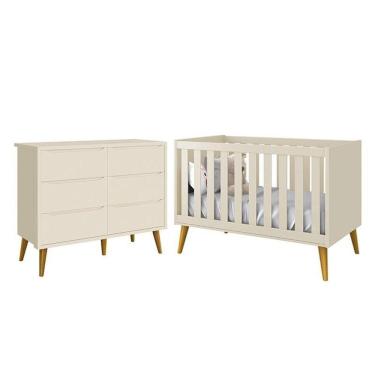Imagem de Jogo De Quarto Infantil Theo Cômoda 6 Gavetas E Berço Areia Fosco Com Pés Amadeirado - Reller Móveis Areia Fosco