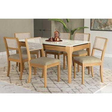 Imagem de Conjunto Mesa Mira Premium Madeira Maciça c/ Tampo Madeirado c/ Vidro 