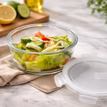 Imagem de Pote Vidro Redondo 980ml Tampa Hermética com válvula de vapor Vedação Silicone Livre Bpa Borossilicato Transparente P/ Freezer e Microondas