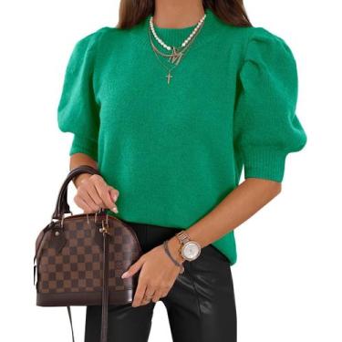 Imagem de Camisola Goranbon Puff de manga curta feminina tricotada verde
