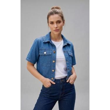 Imagem de Jaqueta Jeans Feminina Cropped Manga Curta Botões e bolsos Denim Colet