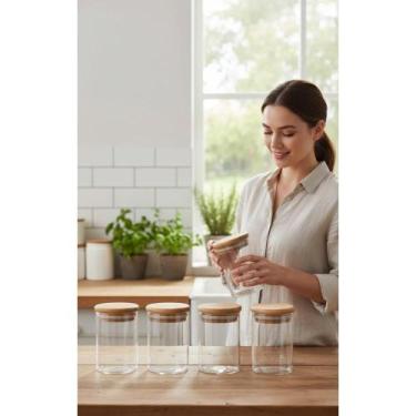 Imagem de Kit 6 Potes Vidro 300ml Hermético Tampa Bambu Organizar - Congratulati