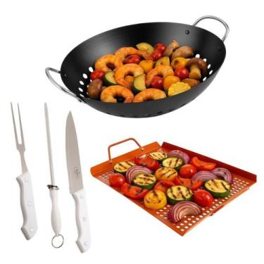 Imagem de Conjunto Churrasco Prana 5 Peças Wok Bandeja Faca Garfo Chaira Kit Che