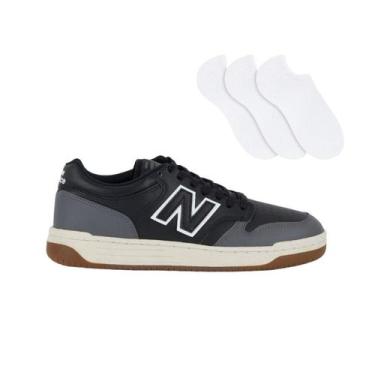 Imagem de Tênis New Balance 480 Low Masculino + 3 Pares de Meias, Preto, Grafite