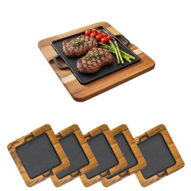 Imagem de Kit 5 Tábuas Churrasco Madeira Nobre + Chapa Ferro Fundido 30x30cm - W