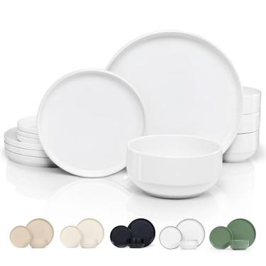 Imagem de Conjunto de louça de cerâmica, serviço de 12 peças para 4, tigelas de sopa (893 g), pratos de salada (19 cm), pratos de jantar (27 cm), redondos, seguros para micro-ondas e lava-louças, branco