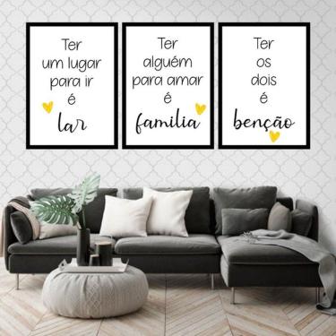 Imagem de Kit 3 Quadros Decorativos Lar, Família, Benção -Amarelo