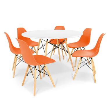 Imagem de Conjunto Mesa de Jantar Redonda Solo Branca 120cm com 6 Cadeiras Solo - Laranja