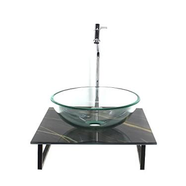 Imagem de KIT CUBA DE VIDRO REDONDA 10MM INCOLOR COM TAMPO DE VIDRO 40CM X 40CM MÁRMORE PRETO DOURADO E SUPORTE TORNEIRA VALVULA