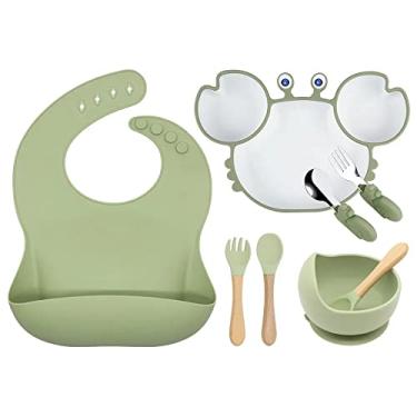 Imagem de KIT 6 PEÇAS, PRATO DE SILICONE COM VENTOSA CARANGUEJO, COM DIVISÓRIAS, TIGELA E TALHERES, ANTI-DESLIZAMENTO, VERDE, IBMKIDS