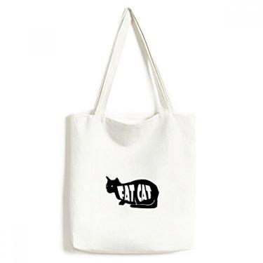 Imagem de Bolsa sacola de lona natural preta com desenho de gato bolsa de compras casual