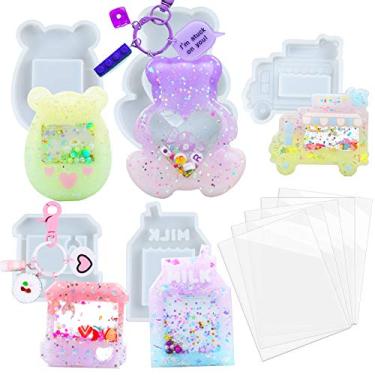 Imagem de Funshow Case Conjunto de moldes de resina para salpicos de epóxi, acessórios de fundição de joias, máquina de garra, caminhão de sobremesa, console de jogos, urso, 5 bandejas de silicone com 5 películas de selo, grande altura 5,8 a 7,6 cm