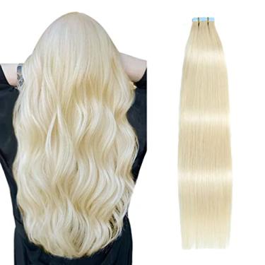 Imagem de SUYYA Extensões de cabelo humano com fita adesiva loiro platinado 45,72 cm 50g/pacote com 20 peças de fita de trama de pele lisa sem costura em extensões de cabelo humano real (45,72 cm #60)