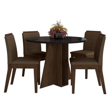 Imagem de Mesa Redonda Com Vidro 4 Cadeiras Bélgica Imbuia/preto/marrom - M.a