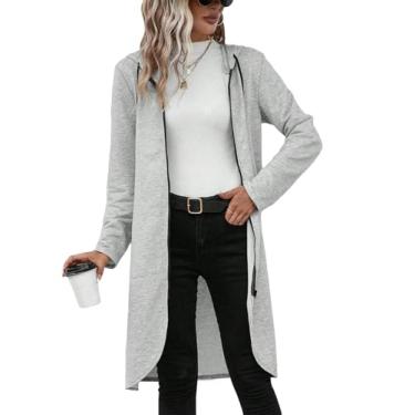 Imagem de MakeMeChic Moletom feminino com capuz e manga comprida, bainha assimétrica, com zíper, casual, com cordão, Cinza claro, GG