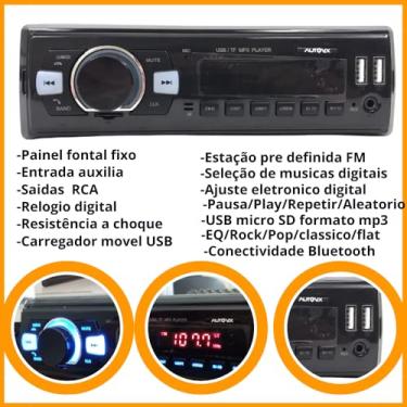 Imagem de Som Automotivo Bluetooth Radio Aparelho Mp3 2 USB AUX RCA Cartão SD FM Carregador celular Universal 1din