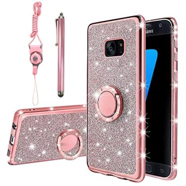 Imagem de KuDiNi Capa para Samsung S7, capa de telefone Samsung Galaxy S7 para mulheres com glitter cristal macio e transparente TPU luxuosa capa protetora fofa com alça de suporte para capa S7 (rosa brilhante)