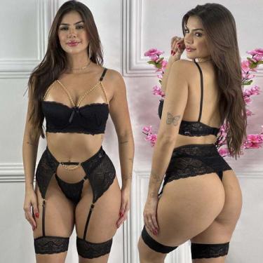 Imagem de Lingerie Luxo Corrente Dourada Renda Sexy Feminina Sensual Com Cinta C