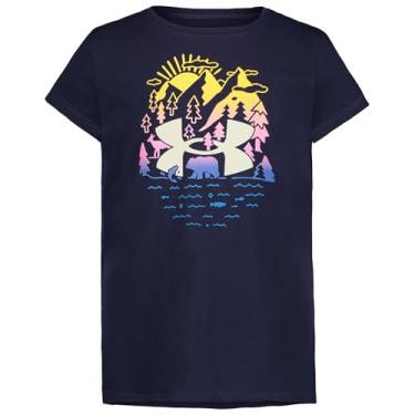 Imagem de Under Armour Camiseta de manga curta para meninas ao ar livre, gola redonda, logotipo e designs estampados, Azul-marinho meia-noite, G