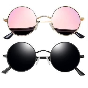 Imagem de Óculos de Sol Joopin Redondos Masculinos e Femininos Polarizados, Pequeno Círculo Hippie Vintage Retrô Steampunk Armação de Metal com Proteção UV (Preto + Rosa Espelhado)