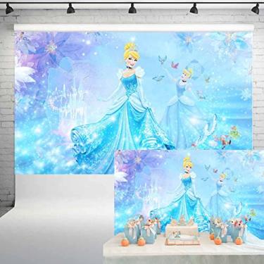 Imagem de Decoração de festa princesa Cinderela pano de fundo mágico castelo de fadas fundo azul aniversário chá de bebê bolo banner 1,5 x 3 m 94