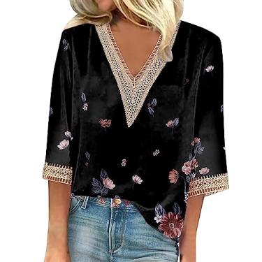 Imagem de Camisetas femininas de verão manga 3/4 com decote em V floral 2024, camisetas femininas casuais com acabamento em renda, blusas femininas elegantes e casuais, Azul-marinho 91, 3G