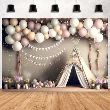 Imagem de XUNJIN NO.01 Boho, barraca rosa, balão de fundo fotográfico para crianças, festa de 1º aniversário, bolo esmagado, retrato, decoração de foto, pano de fundo boêmio, grama dos pampas, decoração de