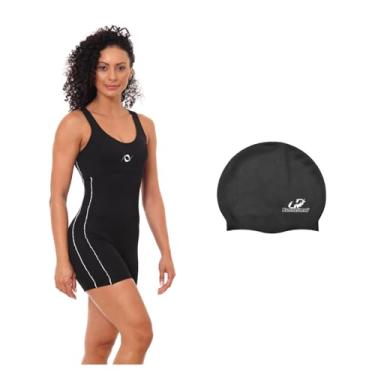 Imagem de Kit Maiô Macaquinho Helanca Natação E Touca De Silicone Grande (Preto/Branco - Touca Preta, XGG)
