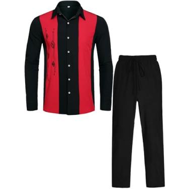 Imagem de Daupanzees Conjunto de 2 peças vintage masculino retrô de boliche com botões da década de 1950, conjunto casual bordado de camisa e calça, Preto com vermelho, G