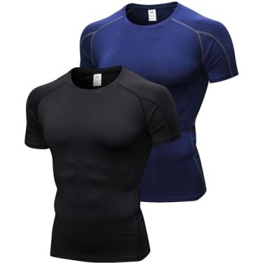 Imagem de SPVISE Pacote com 2 ou 4 camisetas masculinas de compressão de manga curta e secagem fresca para academia esportiva, Pacote com 2, preto + azul marinho, GG