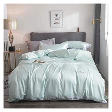 Imagem de Jogo de cama de quatro peças, resistente a manchas, 4 peças, de seda lavada, conjunto de lençóis macios de 1,8 m e 2,0 m, elegante e confortável (King verde-claro)