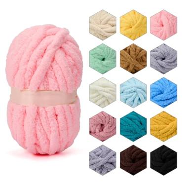 Imagem de ERLYEEN Fio grosso de chenille, super volumoso, macio, fofo, gigante, lavável, poliéster, faça você mesmo, para manta de malha de braço, almofada, sofá, decoração de casa, rosa claro, 1 kg