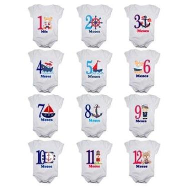 Imagem de Kit 12 Body Bebê Mesversario Manga Curta Estampa Marinheiro 1 A 12 Meses Masculino-Masculino
