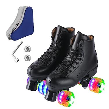 Imagem de Ugboiu Patins para homens e mulheres, Black Derby Roller Skates com 4 rodas brilhantes, patins clássicos de duas fileiras para ambientes internos e externos
