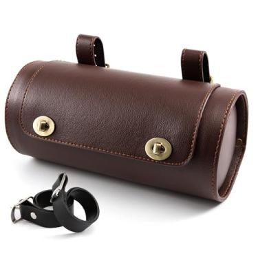 Imagem de BENEALL Bolsa para guidão de motocicleta, mini bolsa de ferramentas de garfo de motocicleta, alforjes universais de couro pequenos para garfo dianteiro de motocicleta, suporte de cauda, barras marrons