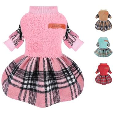 Imagem de Suéteres de Dia dos Namorados para cães pequenos, vestidos de outono com bainha xadrez de lã quente para o inverno, suéteres para meninas, roupas para animais de estimação, rosa, suéter feminino